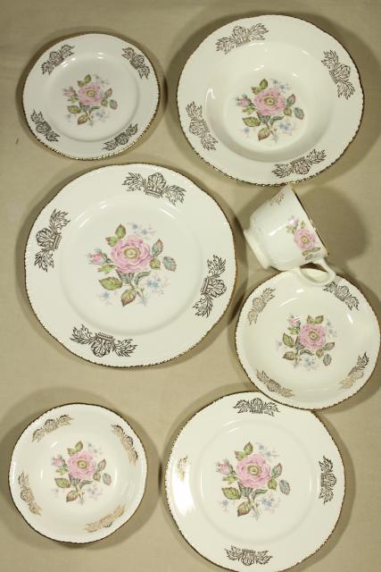 photo of vintage Homer Laughlin Queen Esther moss rose china, estate dinnerware set for 8 #8