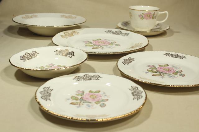 photo of vintage Homer Laughlin Queen Esther moss rose china, estate dinnerware set for 8 #9