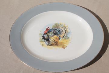 catalog photo of vintage Homer Laughlin Thanksgiving turkey platter, grey band border Cavalier china 