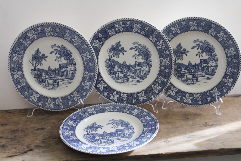 photo of vintage Homer Laughlin china blue & white Shakespeare Country dinner plates #1