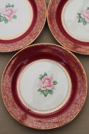 photo of vintage Homer Laughlin china cake plates w/ pink roses, wine red & gold border #3