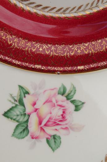 photo of vintage Homer Laughlin china cake plates w/ pink roses, wine red & gold border #4