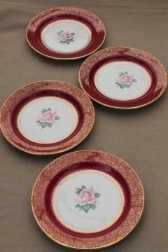 catalog photo of vintage Homer Laughlin china cake plates w/ pink roses, wine red & gold border