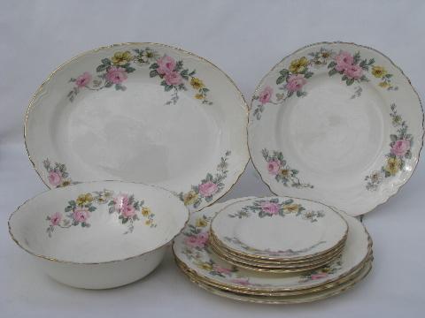 photo of vintage Homer Laughlin china plates for 4, pink roses, yellow flowers, white daisies #1