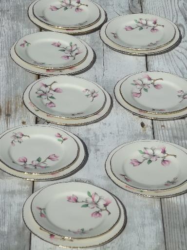 photo of vintage Homer Laughlin china plates, pink magnolia branch floral pattern #1