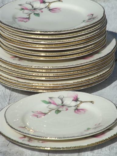 photo of vintage Homer Laughlin china plates, pink magnolia branch floral pattern #2