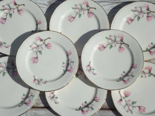 photo of vintage Homer Laughlin china plates, pink magnolia branch floral pattern #3