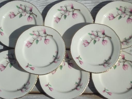 photo of vintage Homer Laughlin china plates, pink magnolia branch floral pattern #4