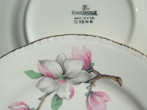 photo of vintage Homer Laughlin china plates, pink magnolia branch floral pattern #7