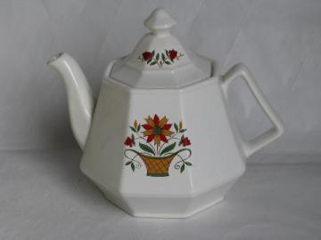 catalog photo of vintage Homer Laughlin dover white ironstone china teapot, flower basket pattern, octagon shape