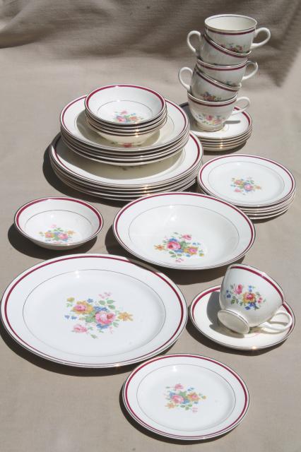 photo of vintage Homer Laughlin eggshell nautilus china set w/ floral bouquet center, maroon red band #5