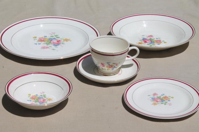 photo of vintage Homer Laughlin eggshell nautilus china set w/ floral bouquet center, maroon red band #6