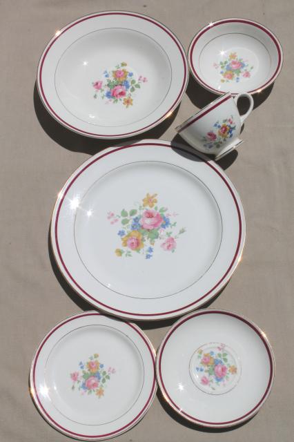 photo of vintage Homer Laughlin eggshell nautilus china set w/ floral bouquet center, maroon red band #7