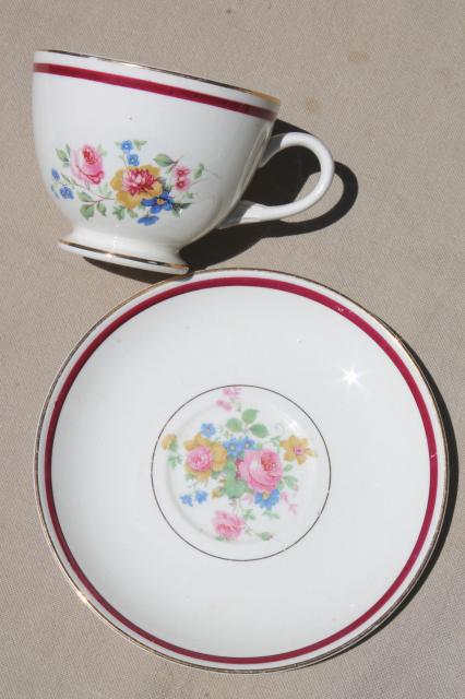 photo of vintage Homer Laughlin eggshell nautilus china set w/ floral bouquet center, maroon red band #8