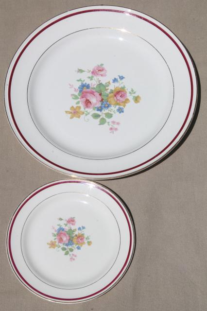 photo of vintage Homer Laughlin eggshell nautilus china set w/ floral bouquet center, maroon red band #9