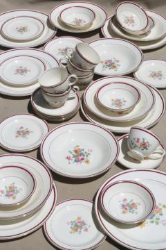 catalog photo of vintage Homer Laughlin eggshell nautilus china set w/ floral bouquet center, maroon red band