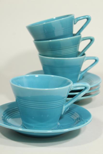 photo of vintage Homer Laughlin fiesta turquoise Harlequin cups & saucers, mid-century deco style #1