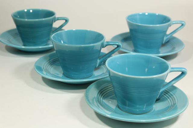 photo of vintage Homer Laughlin fiesta turquoise Harlequin cups & saucers, mid-century deco style #2