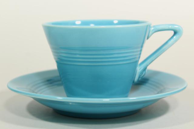 photo of vintage Homer Laughlin fiesta turquoise Harlequin cups & saucers, mid-century deco style #3