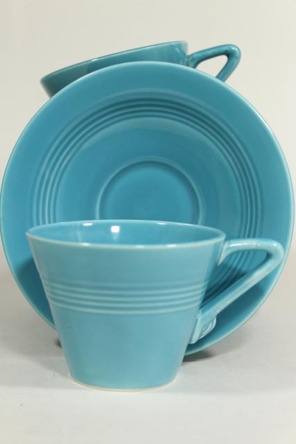 photo of vintage Homer Laughlin fiesta turquoise Harlequin cups & saucers, mid-century deco style #4