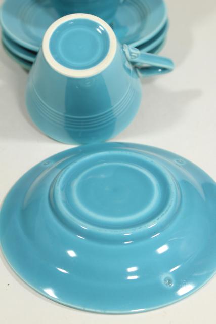 photo of vintage Homer Laughlin fiesta turquoise Harlequin cups & saucers, mid-century deco style #5