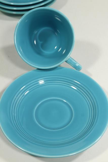 photo of vintage Homer Laughlin fiesta turquoise Harlequin cups & saucers, mid-century deco style #6