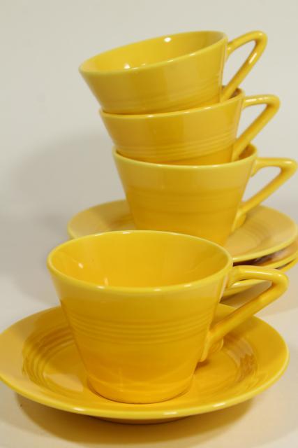 photo of vintage Homer Laughlin fiesta yellow Harlequin cups & saucers, mid-century deco style #1