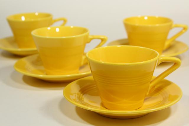 photo of vintage Homer Laughlin fiesta yellow Harlequin cups & saucers, mid-century deco style #2