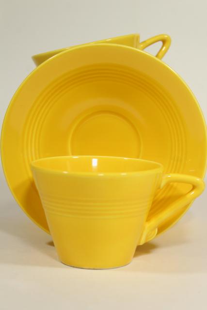 photo of vintage Homer Laughlin fiesta yellow Harlequin cups & saucers, mid-century deco style #4