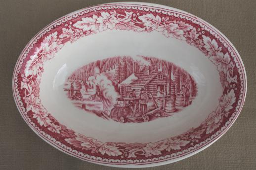 photo of vintage Homer Laughlin red transferware Currier & Ives Maple Surgaring oval bowl #1