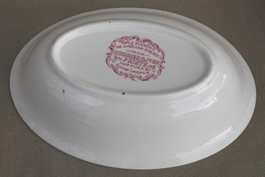 photo of vintage Homer Laughlin red transferware Currier & Ives Maple Surgaring oval bowl #5