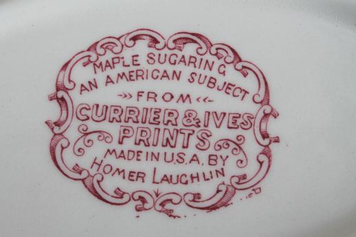 photo of vintage Homer Laughlin red transferware Currier & Ives Maple Surgaring oval bowl #6