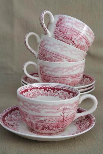 photo of vintage Homer Laughlin red transferware Currier & Ives View of New York cups & saucers #2