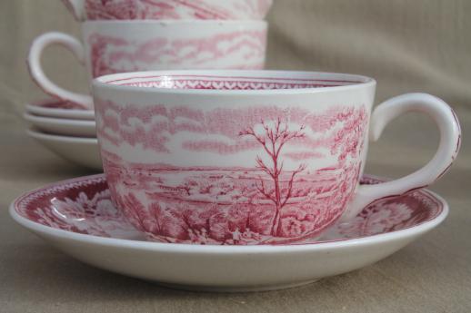 photo of vintage Homer Laughlin red transferware Currier & Ives View of New York cups & saucers #3