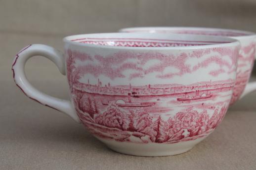 photo of vintage Homer Laughlin red transferware Currier & Ives View of New York cups & saucers #5