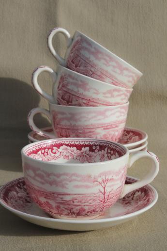 photo of vintage Homer Laughlin red transferware Currier & Ives View of New York cups & saucers #1