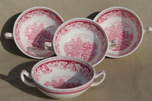 photo of vintage Homer Laughlin red transferware Currier & Ives china footed cream soup bowls set #1