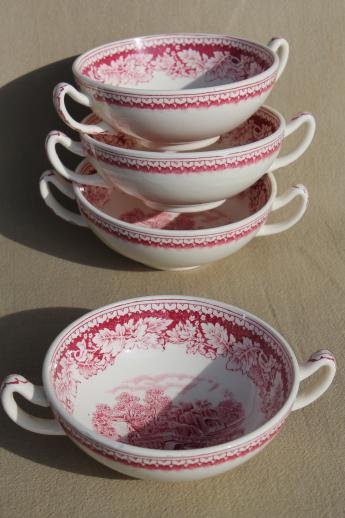 photo of vintage Homer Laughlin red transferware Currier & Ives china footed cream soup bowls set #2