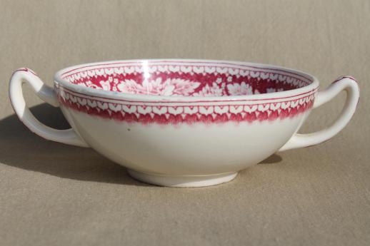 photo of vintage Homer Laughlin red transferware Currier & Ives china footed cream soup bowls set #3