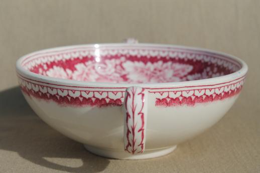 photo of vintage Homer Laughlin red transferware Currier & Ives china footed cream soup bowls set #5