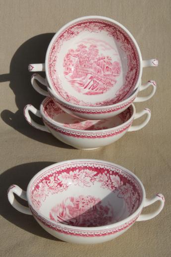 photo of vintage Homer Laughlin red transferware Currier & Ives china footed cream soup bowls set #1