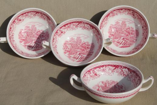 photo of vintage Homer Laughlin red transferware Currier & Ives china footed cream soup bowls set #2