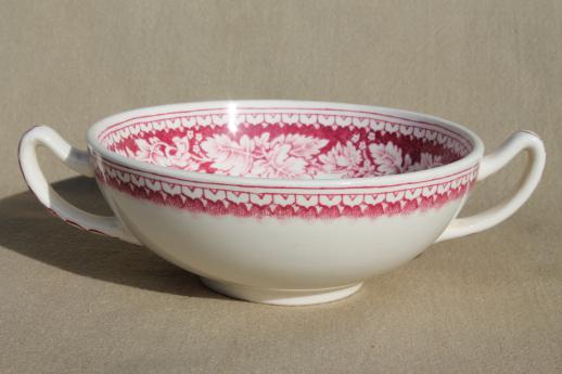 photo of vintage Homer Laughlin red transferware Currier & Ives china footed cream soup bowls set #3