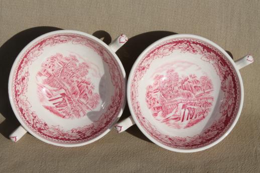 photo of vintage Homer Laughlin red transferware Currier & Ives china footed cream soup bowls set #5