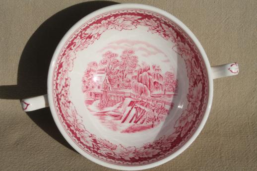 photo of vintage Homer Laughlin red transferware Currier & Ives china footed cream soup bowls set #6