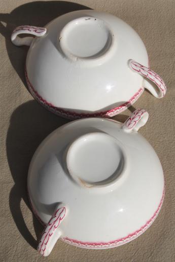 photo of vintage Homer Laughlin red transferware Currier & Ives china footed cream soup bowls set #7