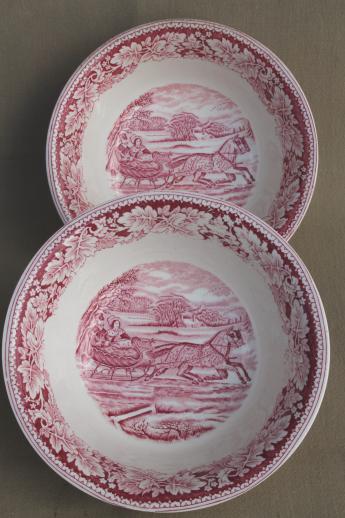 photo of vintage Homer Laughlin red transferware Currier & Ives serving bowls winter road #1