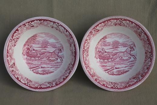 photo of vintage Homer Laughlin red transferware Currier & Ives serving bowls winter road #4