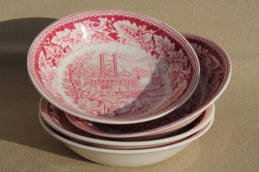 photo of vintage Homer Laughlin red transferware china Currier & Ives Mississippi steamboat bowls #1