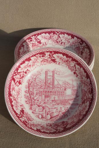 photo of vintage Homer Laughlin red transferware china Currier & Ives Mississippi steamboat bowls #3